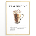 Load image into Gallery viewer, Frappuccino recipe poster with a glass mug of blended iced coffee topped with whipped cream.
