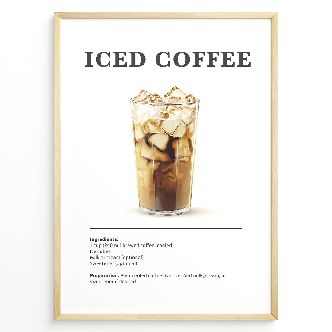 Iced coffee recipe poster with a tall glass of iced brewed coffee.