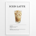 Load image into Gallery viewer, Iced latte recipe poster with a glass of iced espresso and milk.
