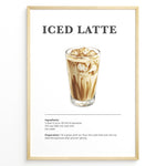 Load image into Gallery viewer, Iced latte recipe poster with a glass of iced espresso and milk.
