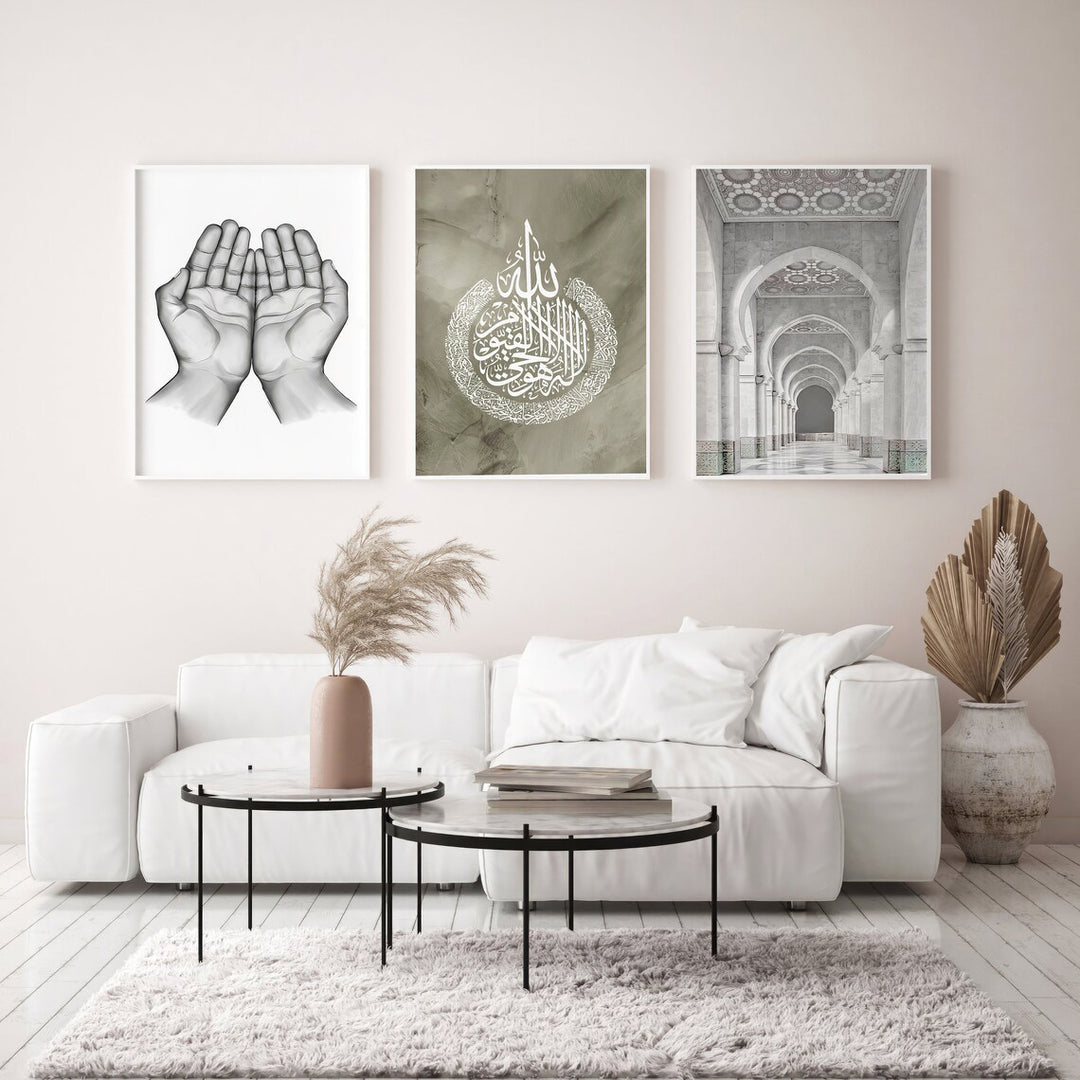 3x Islam Plakater | Ayatul Kursi & Islamisk Bøn (Dua Hænder) og Moské i Moderne Stil