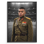 Load image into Gallery viewer, Satirisk kunstplakat med Kylian Mbappé i et fiktivt diktator-inspireret militæruniform foran et stadion
