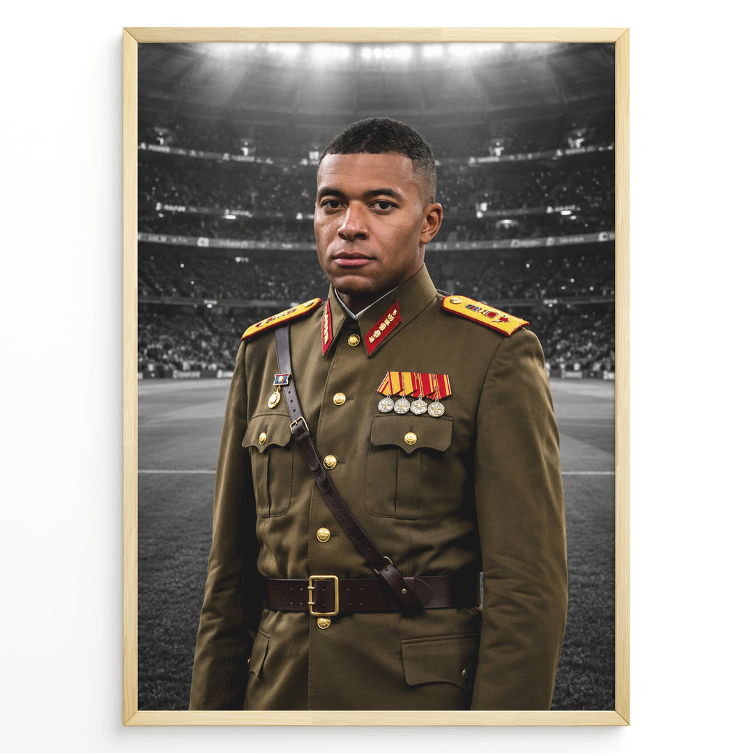 Satirisk kunstplakat med Kylian Mbappé i et fiktivt diktator-inspireret militæruniform foran et stadion