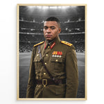 Load image into Gallery viewer, Satirisk kunstplakat med Kylian Mbappé i et fiktivt diktator-inspireret militæruniform foran et stadion
