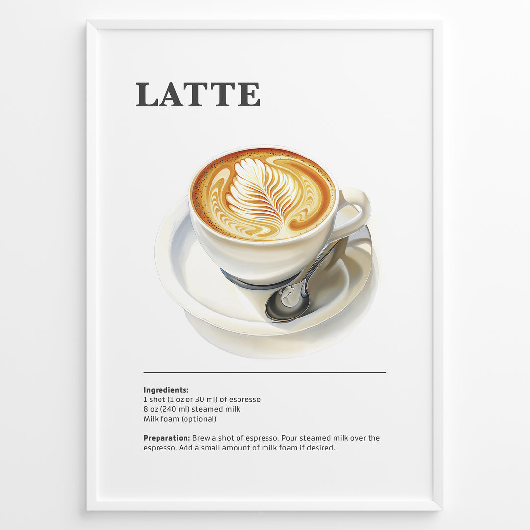 Latte recipe artwork with a cup of latte art on a saucer with a spoon.