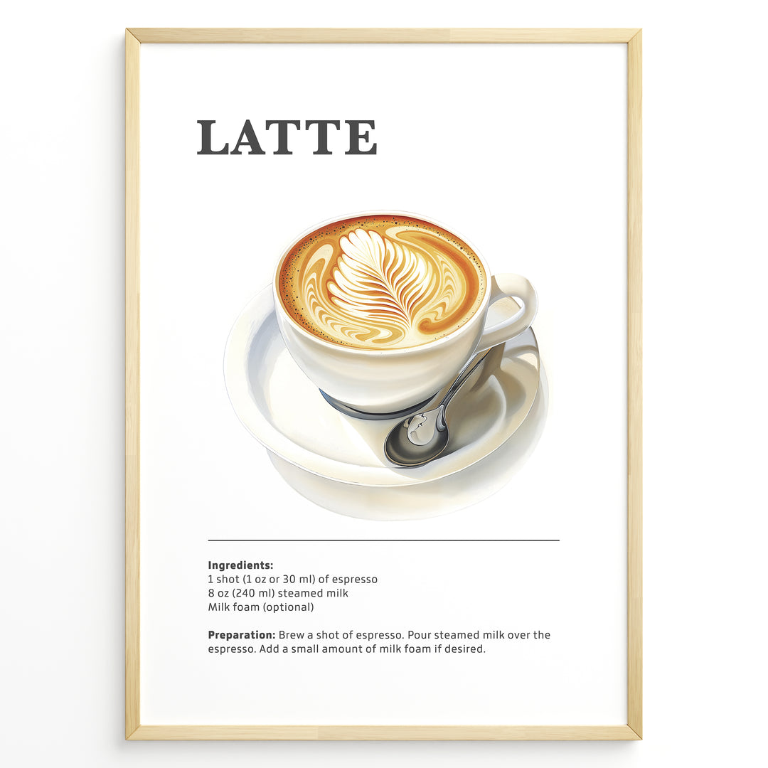Latte recipe artwork with a cup of latte art on a saucer with a spoon.