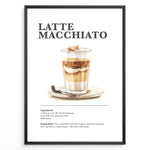 Load image into Gallery viewer, Latte Macchiato recipe artwork with a layered coffee glass, saucer, and spoon.
