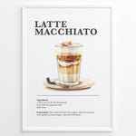 Load image into Gallery viewer, Latte Macchiato recipe artwork with a layered coffee glass, saucer, and spoon.
