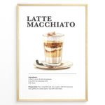 Load image into Gallery viewer, Latte Macchiato recipe artwork with a layered coffee glass, saucer, and spoon.
