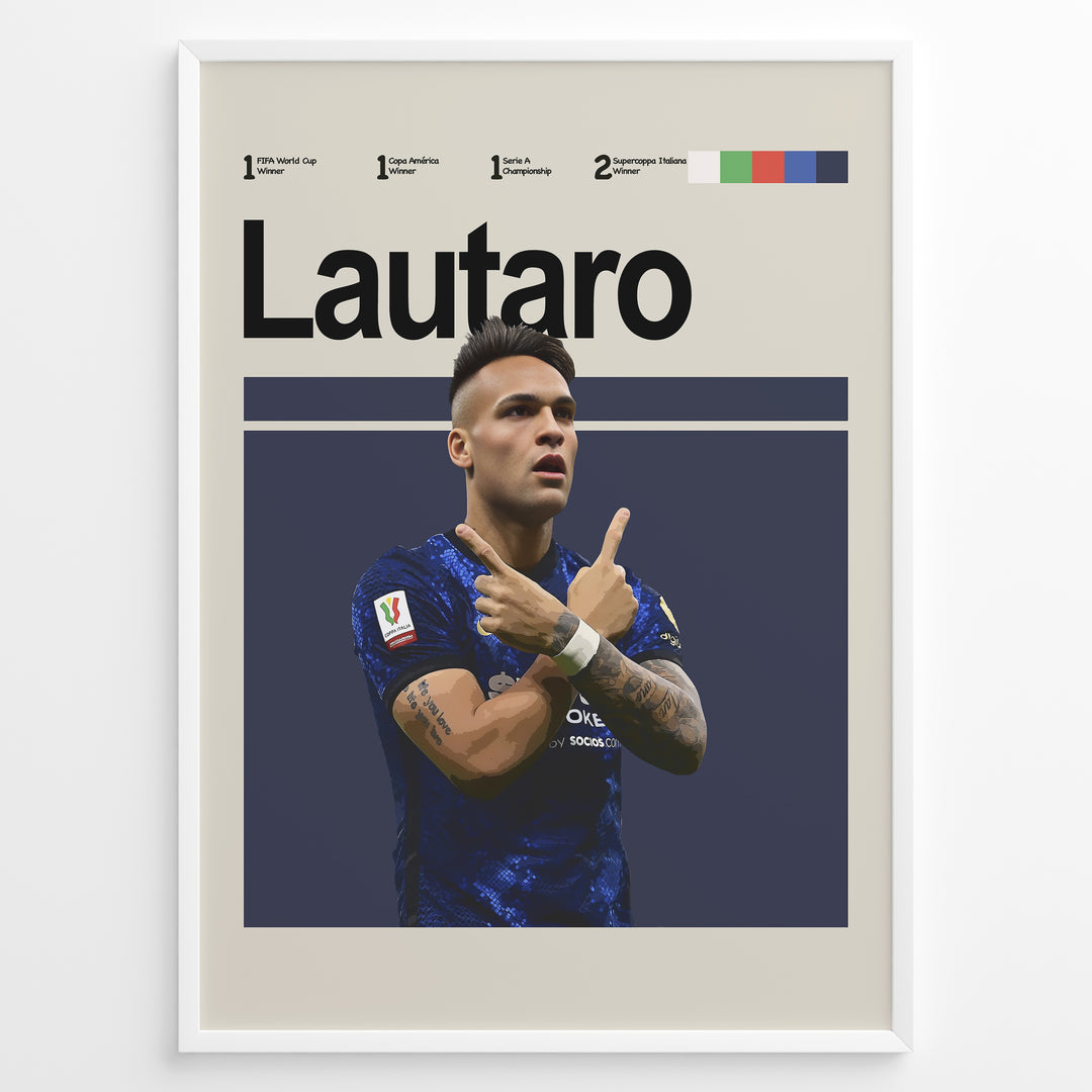 Poster featuring a football player in a blue jersey posing with crossed arms, with bold text at the top and a clean graphic layout, framed as modern sports wall art.