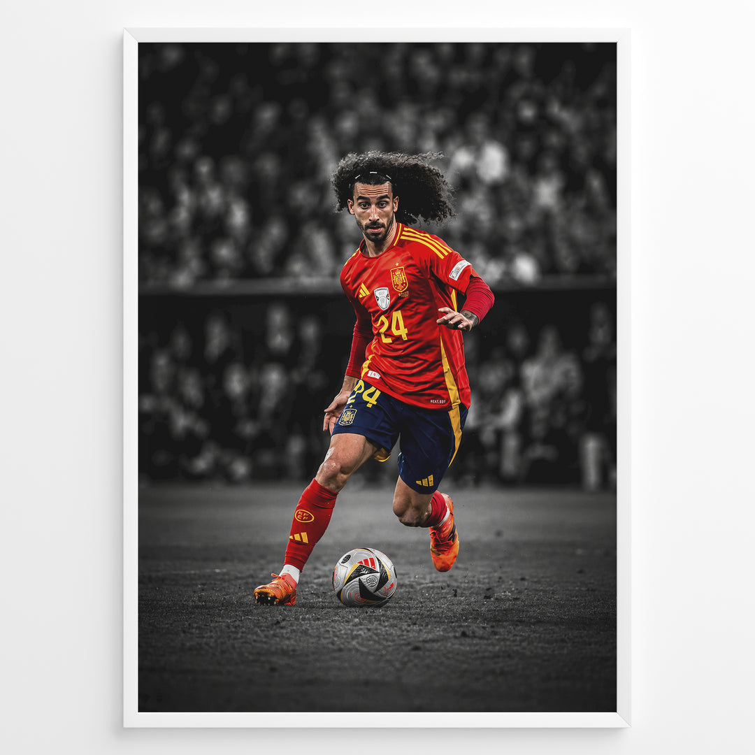 Marc Cucurella plakat i Spaniens landsholdstrøje med moderne sort-hvid baggrund