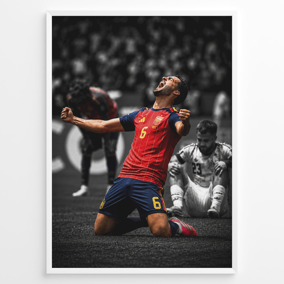Mikel Merino plakat i Spaniens landsholdstrøje med moderne sort-hvid baggrund og jubelscene