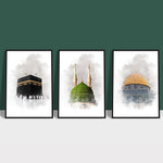 Load image into Gallery viewer, 3x Islam Plakater | Kaaba Mecca, Masjid an-Nabawi &amp; Al-Aqsa Mosque Islamisk Plakater
