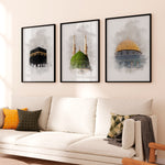 Load image into Gallery viewer, 3x Islam Plakater | Kaaba Mecca, Masjid an-Nabawi &amp; Al-Aqsa Mosque Islamisk Plakater
