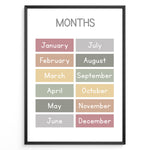 Load image into Gallery viewer, Pastel-colored months-of-the-year poster showing January through December in soft color blocks, framed as children’s educational wall art.
