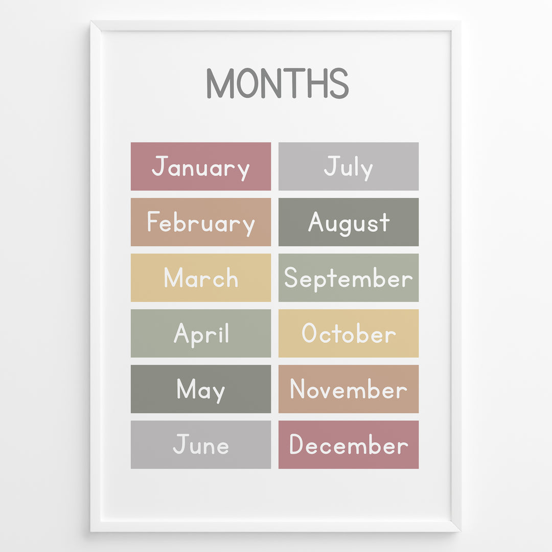 Pastel-colored months-of-the-year poster showing January through December in soft color blocks, framed as children’s educational wall art.