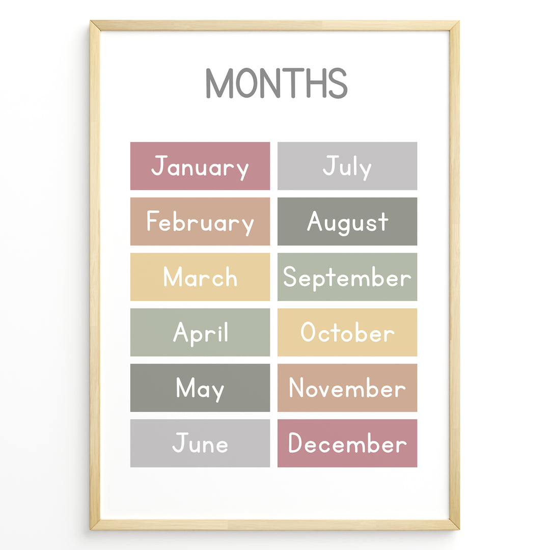 Pastel-colored months-of-the-year poster showing January through December in soft color blocks, framed as children’s educational wall art.