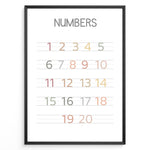 Load image into Gallery viewer, Pastel-colored number poster showing numbers 1 to 20 arranged on handwriting lines, framed as children’s educational wall art.
