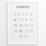 Load image into Gallery viewer, Pastel-colored number poster showing numbers 1 to 20 arranged on handwriting lines, framed as children’s educational wall art.
