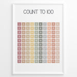 Load image into Gallery viewer, Pastel-colored number chart showing numbers 1 to 100 in a neat grid, framed as children’s educational counting wall art.
