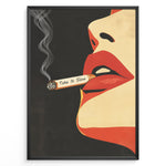 Load image into Gallery viewer, Retro pop art poster featuring red lips holding a smoking cigarette with the words “Take It Slow” on a dark background, framed as modern wall art.
