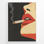 Load image into Gallery viewer, Retro pop art poster featuring red lips holding a smoking cigarette with the words “Take It Slow” on a dark background, framed as modern wall art.
