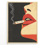 Load image into Gallery viewer, Retro pop art poster featuring red lips holding a smoking cigarette with the words “Take It Slow” on a dark background, framed as modern wall art.

