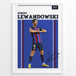 Load image into Gallery viewer, Robert Lewandowski plakat i FC Barcelona-trøje med moderne grafisk design og signatur
