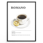 Load image into Gallery viewer, Minimalist Romano coffee recipe illustration with a cup of espresso and a lemon slice.
