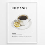 Load image into Gallery viewer, Minimalist Romano coffee recipe illustration with a cup of espresso and a lemon slice.
