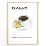 Load image into Gallery viewer, Minimalist Romano coffee recipe illustration with a cup of espresso and a lemon slice.
