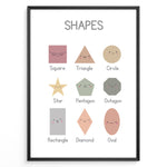 Load image into Gallery viewer, Educational shapes poster showing Square, Triangle, Circle, Star, Pentagon, Octagon, Rectangle, Diamond, and Oval with cute smiling faces, framed as children’s learning wall art.
